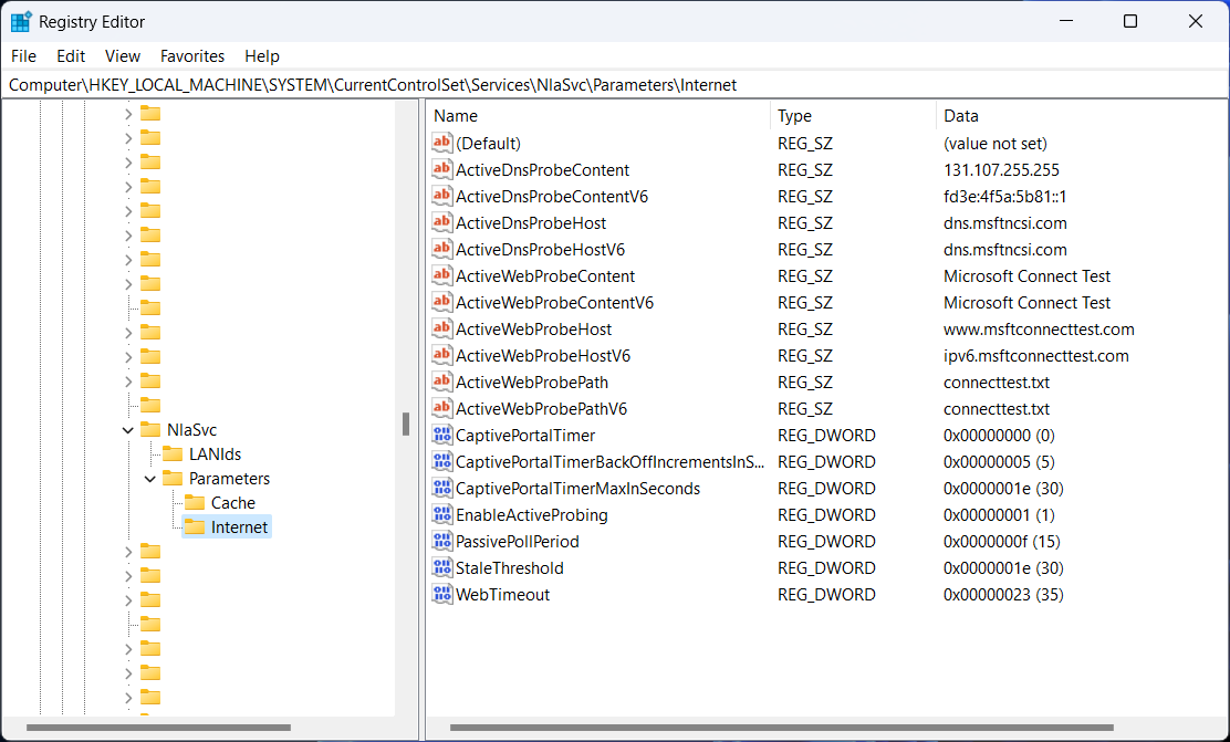 The NlaSvc contains parameters that include proxies that aren't use by the entire system.